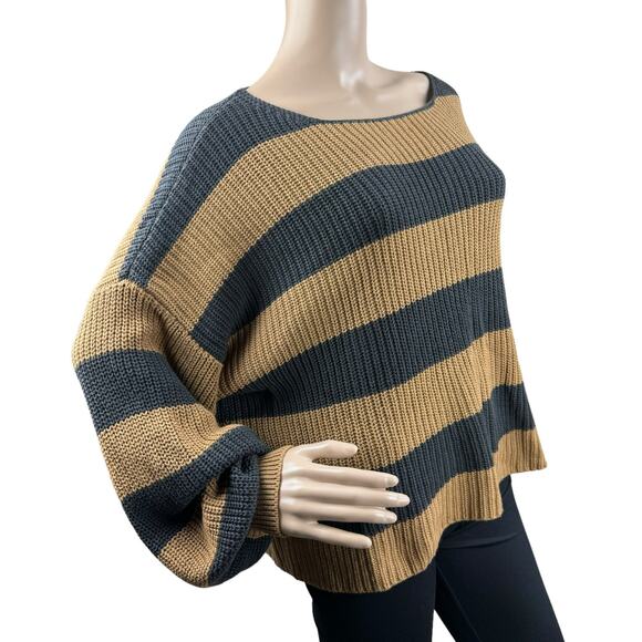 New Fantastic Fawn Women Brown Black Stripes Knitted Pullover Cropped Sweater M - Picture 3 of 5